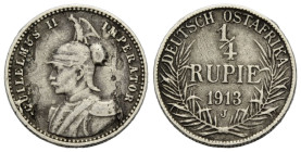 Deutsch-Ostafrika Ostafrika
 1/4 Rupie 1913 J. 19.0 mm. Silber / Silver 0.917. GUILELMUS II IMPERATOR Stempelfehler. KM 8. 2.80 g. Schön + / Fine +.