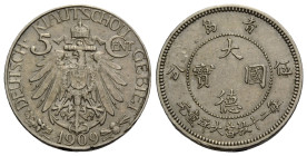 Kiautschou (Kiau Chau, China)
 5 Cents 1909, Berlin. 18.5 mm. Copper-nickel. 5 Cents / 5 Fen - Wilhelm II (1897-1914). KM1. 3.00 g. Sehr schön / Very...