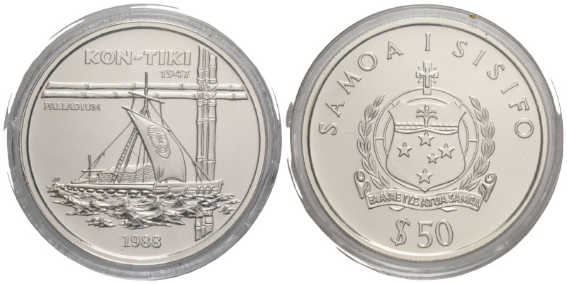 50 Tala 1988. 35.0 mm. Palladium 0.999. Tanumafili II Kon-Tiki 1947. Friedberg 2...