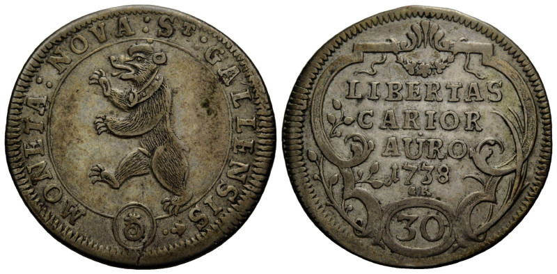 St. Gallen Stadt
 Halbgulden (30 Kreuzer) 1738. 31.0 mm. Silber / Silver. Aufre...