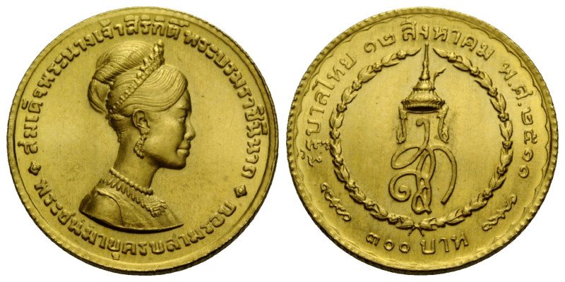 Bhumiphol (Rama IX), 1946-2015 300 Baht 2511 (1968). 21.0 mm. Gold 0.900 36th An...