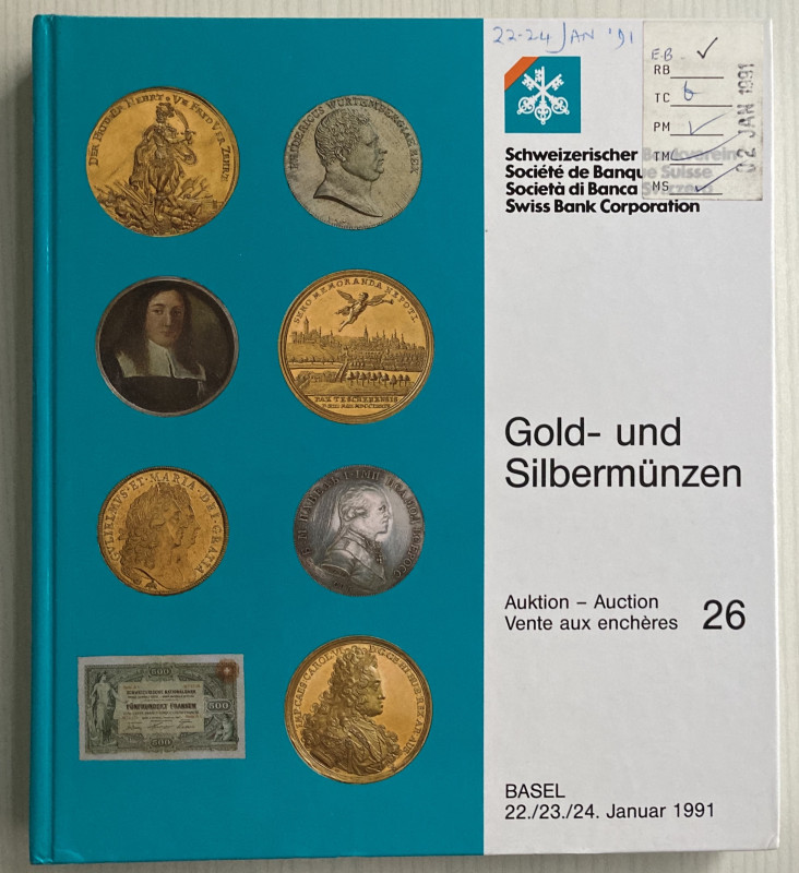 SBV Auktion 26 Gold- und Sibermunzen. Basel 22-23-24 Januar 1991. Cartonato ed. ...