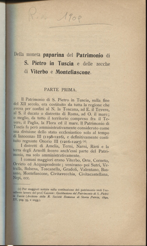 Martinori E. - Della moneta paparina del patrimonio di S.Pietro in Tuscia e dell...