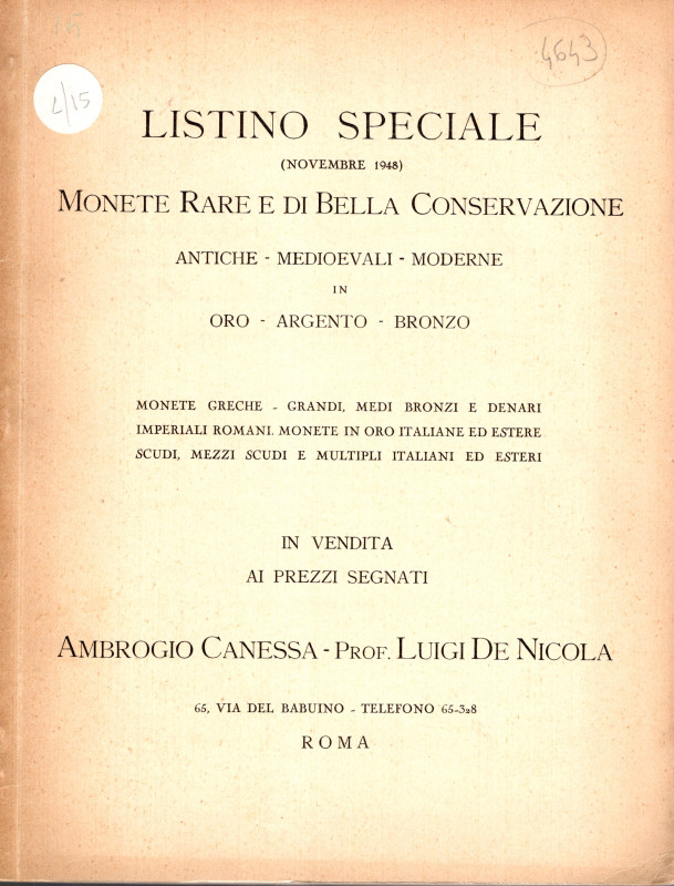 CANESSA A. – DE NICOLA L. - Listino speciale Novembre, 1948, Roma. Monete rare e...