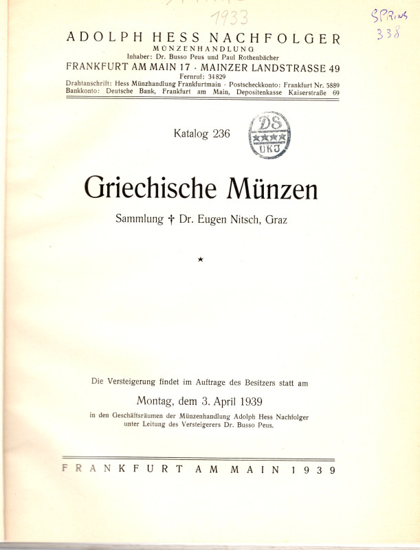 HESS A. nachf. - Frankfurt am Main, 3 - April, 1939. Sammlung Eugen Nitsch. Pp. ...