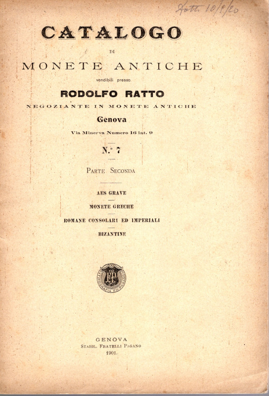 RATTO R. – Genova, 1901. Catalogo di monete antiche a prezzi fissi N. 7 parte se...