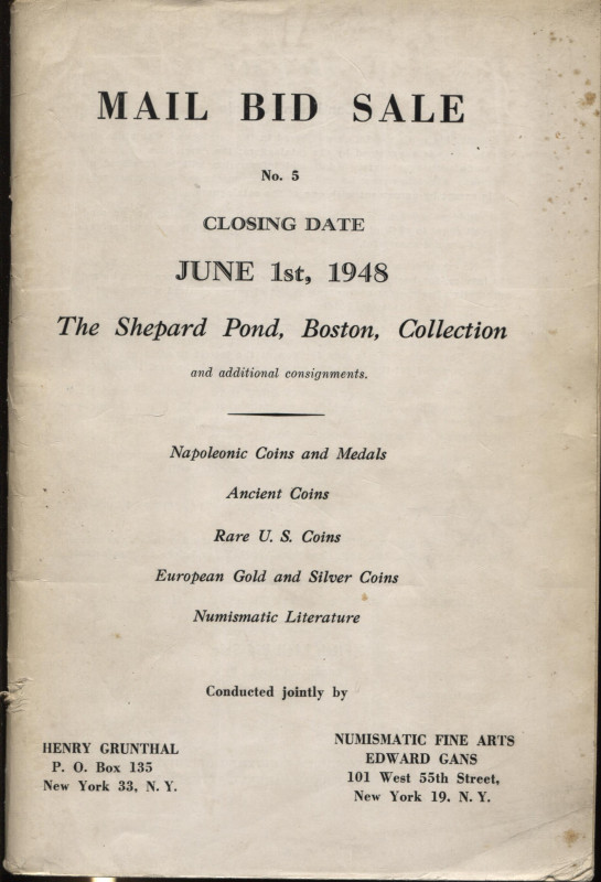 GRUNTHAL H. – N.F.A. GANS E. Sale n 5. New York, 1 – June, 1948. The Shepard Pon...