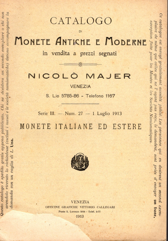 MAJER N. - Catalogo di monete in vendita a prezzi segnati. N. 27 - Luglio, 1913 ...