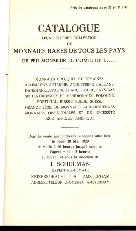 SCHULMAN J. - Amsterdam, 30 - Mai, 1929. Catalogue d'une superbe collection de m...