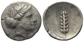 Lukanien. Metapont.

 Nomos (Silber). Ca. 400 - 340 v. Chr.
Vs: Kopf der Demeter mit Diadem rechts.
Rs: Getreideähre. 

22 mm. 7,26 g. 

HN It...