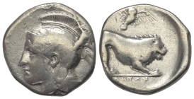 Lukanien. Velia.

 Stater oder Didrachme (Silber). Ca. 400 - 340 v. Chr.
Vs: Kopf der Athena mit attischem Helm mit Greif verziert links.
Rs: Löwe...