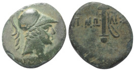 Paphlagonien. Pimolisa.

 Bronze. Ca. 105 - 90 v. Chr.
Vs: Kopf des Ares mit Helm rechts.
Rs: Schwert in Scheide.

20 mm. 3,60 g. 

HGC 7, 375...