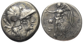 Pamphylien. Side.

 Tetradrachme (Silber). Ca. 205 - 100 v. Chr.
Vs: Kopf der Athena mit korinthischem Helm rechts; auf Wange Gegenstempel mit Anke...