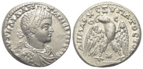 Seleukis und Pierien. Antiochia am Orontes. Elagabalus (218 - 222 n. Chr.).

 Tetradrachme (Silber). 219 n. Chr.
Vs: Büste mit Lorbeerkranz, Paluda...