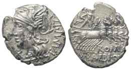 M. Baebius Tampilus.

 Denar (Silber). 137 v. Chr. Rom.
Vs: TAMPIL. Kopf der Roma mit geflügeltem Helm links, davor Wertzeichen.
Rs: ROMA / M BAEB...