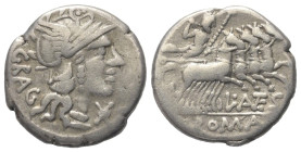 L. Antestius Gragulus.

 Denar (Silber). 136 v. Chr. Rom.
Vs: GRAG. Kopf der Roma mit geflügeltem Greifenkopfhelm rechts, davor Wertzeichen.
Rs: L...