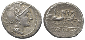 Appius Claudius Pulcher mit T. Manlius Mancinus und Q. Urbinius.

 Denar (Silber). 111 oder 110 v. Chr. Rom.
Vs: Kopf der Roma mit geflügeltem Helm...