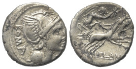 L. Flaminius Chilo.

 Denar (Silber). 109 oder 108 v. Chr. Rom.
Vs: ROMA. Kopf der Roma mit geflügeltem Helm rechts, davor Wertzeichen.
Rs: L FLAM...