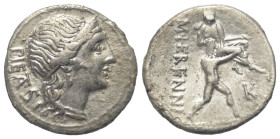 M. Herennius.

 Denar (Silber). 108 oder 107 v. Chr. Rom.
Vs: PIETAS. Kopf der Pietas mit Diadem rechts.
Rs: M HERENNI. Amphinomus, einer der beid...