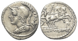 P. Servilius Rullus.

 Denar (Silber). 100 v. Chr. Rom.
Vs: RVLLI. Büste der Minerva mit korinthischem Helm und Ägis links.
Rs: P SERVILI M F. Vic...