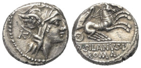 D. Iunius Silanus.

 Denar (Silber). 91 v. Chr. Rom.
Vs: Kopf der Roma mit geflügeltem Helm rechts, dahinter Kontrollmarke.
Rs: D SILANVS L F / RO...