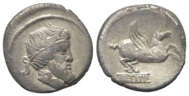 Q. Titius.

 Denar (Silber). 90 v. Chr. Rom.
Vs: Bärtiger Kopf mit geflügeltem Diadem rechts.
Rs: Pegasus nach rechts springend, darunter Basis mi...