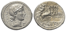 C. Vibius Pansa.

 Denar (Silber). 90 v. Chr. Rom.
Vs: PANSA. Kopf des Apollo mit Lorbeerkranz rechts, davor Kontrollmarke.
Rs: C VIBIVS C F. Mine...
