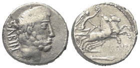 L. Titurius Sabinus.

 Denar (Silber). 89 v. Chr. Rom.
Vs: SABIN. Bärtiger Kopf des Königs Tatius rechts.
Rs: L TITVRI. Victoria mit Kranz in Biga...