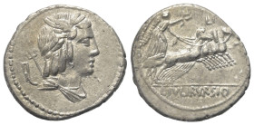 L. Iulius Bursio.

 Denar (Silber). 85 v. Chr. Rom.
Vs: Drapierte Büste des Apollo Veiovis mit Flügel, Lorbeerkranz und Dreizack rechts, dahinter B...