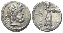 L. Procilius.

 Denar (Silber). 80 v. Chr. Rom.
Vs: Kopf des Jupiter mit Lorbeerkranz rechts, dahinter S C.
Rs: L PROCILI / F. Juno Sospita mit Sp...