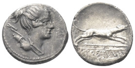 C. Postumius.

 Denar (Silber). 74 v. Chr. Rom.
Vs: Drapierte Büste der Diana mit Bogen und Köcher über der Schulter rechts.
Rs: C POSTVMI. Stilis...