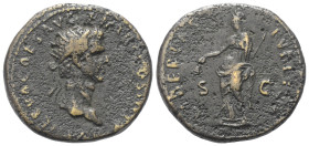 Nerva (96 - 98 n. Chr.).

 Dupondius (Kupfer). 97 n. Chr. Rom.
Vs: IMP NERVA CAES AVG P M TR P COS III P P. Kopf mit Strahlenkrone rechts.
Rs: LIB...