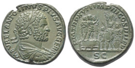 Caracalla (197 - 217 n. Chr.).

 Sesterz (Bronze). 214 n. Chr. Rom.
Vs: M AVREL ANTONINVS PIVS AVG GERM. Büste mit Lorbeerkranz, Drapierung und Pan...