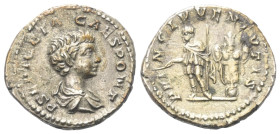 Geta (209 - 211 n. Chr.).

 Denar (Silber). 200 n. Chr. Rom.
Vs: P SEPT GETA CAES PONT. Büste mit Paludament rechts.
Rs: PRINC IVVENTVTIS. Geta mi...