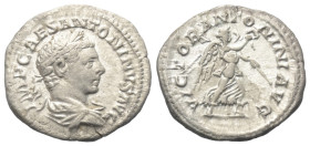 Elagabalus (218 - 222 n. Chr.).

 Denar (Silber). 219 n. Chr. Rom.
Vs: IMP CAES ANTONINVS AVG. Büste mit Lorbeerkranz und Paludament rechts.
Rs: V...