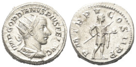 Gordianus III. (238 - 244 n. Chr.).

 Antoninian (Silber). 241 - 243 n. Chr. Rom.
Vs: IMP GORDIANVS PIVS FEL AVG. Büste mit Strahlenkrone, Paludame...