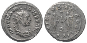 Carus (282 - 283 n. Chr.).

 Antoninian (Kupfer). 283 n. Chr. Siscia.
Vs: IMP C M AVR CARVS P F AVG. Büste mit Strahlenkrone, Paludament und Panzer...
