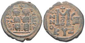 Iustinus II. (565 - 578 n. Chr.).

 Follis (40 Nummi, Bronze). 572 / 573 n. Chr. (Jahr 8). Kyzikos.
Vs: Iustinus mit Kreuzglobus und Sophia mit Kre...