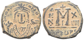 Mauricius Tiberius (582 - 602 n. Chr.).

 Follis (40 Nummi). 599 / 600 n. Chr. (Jahr 18). Theoupolis (Antiochia).
Vs: Büste mit Trifoliumkrone, Kon...