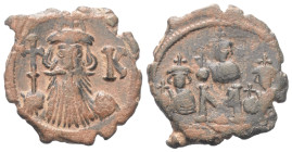 Constans II. (659 - 668 n. Chr.) mit Constantinus IV., Hercalius und Tiberius.

 Follis (Bronze). 665 - 668 n. Chr. Constantinopolis.
Vs: Büste Con...
