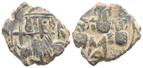 Constans II. (659 - 668 n. Chr.) mit Constantinus IV., Hercalius und Tiberius.

 Follis (Bronze). 665 - 668 n. Chr. Constantinopolis.
Vs: Büste Con...