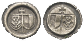 Halberstadt - Bistrum. Anonym.

 Hohlpfennig (Silber). Ohne Jahr (1519 - 1523).
Einseitige Prägung.

Vs: Doppelwappen unter Kreuz in Wulstring
...