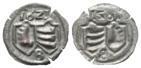 Brandenburg-Preußen. Georg Wilhelm (1619 - 1640). Stadt Beeskow.

 Kipperpfennig (Silber). 1621 B.
Einseitige Prägung.

Vs: Zwei Wappenschilder n...