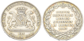 Bremen - Reichsstadt.

 Taler (Silber). 1865.
Auf das zweite deutsche Bundesschiessen in Bremen 1865.

Vs: Gekröntes Wappen auf Postament, von zw...