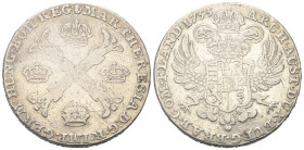 Habsburger bis 1806. Maria Theresia (1740 - 1780).

 Kronentaler (Silber). 1755. Antwerpen.
Vs: Kreuz, in den Quadranten drei Kronen und Vliesorden...
