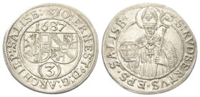 Neufürsten. Salzburg. Johann Ernst Graf von Thun und Hohenstein (1687 - 1709).

 3 Kreuzer (Silber). 1687. Salzburg.
Vs: Stiftswappen und Bischofsw...