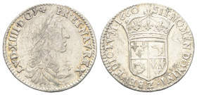 Frankreich. Königreich. Ludwig XIV. (1643 - 1715).

5 Sols = 1/12 d'Écu (Silber). 1660 Z.  Grenoble.
1/12 Écu àu delphin.
Vs: Jugendliche Büste re...