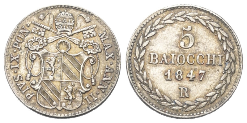 Italien. Kirchenstaat. Pius IX. (1846 - 1878).

 5 Baiocchi (Silber). 1847 R....