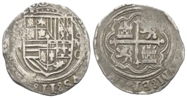 Spanien. Königreich. Philipp II. (1556 - 1598).

 2 Reales - Schiffsgeld (Silber). Ohne Jahr. Potosi - M (Münzmeister Juan Munoz).
Vs: Bekröntes Wa...