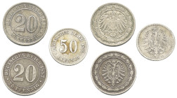 Deutschland - Lots.


Kaiserreich.

Lot (3 Stück, Silber): 20 Pfennig 1887 A, 1892 D und 50 Pfennig 1876 A.

Sehr schön.

Verkauft wie besehe...